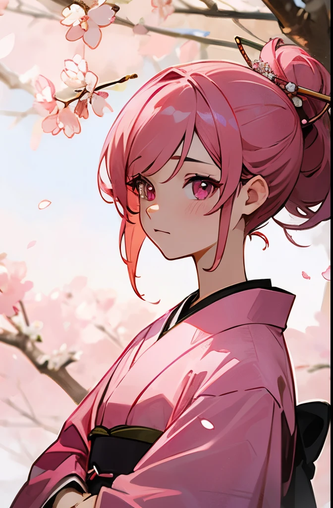 Best quality,high detail,masterpiece,1 woman, kimono, hair tied with a hairpin, pink hair, pink eyes, Cherry blossoms drawn in the eyes, cherry blossom tree background