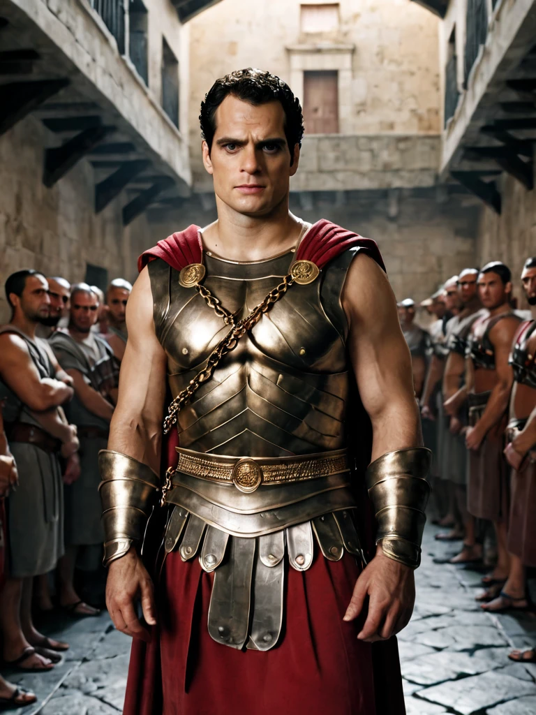 arafed man in a roman costume standing in a prison, in screenshot from the 300 movie, the the man is wrapped in chains, henry cavill as a greek god, 8 k movie still, henry cavill is a greek god, 300 the movie, inspired by Exekias, leading spartans into battle, film still from god of war