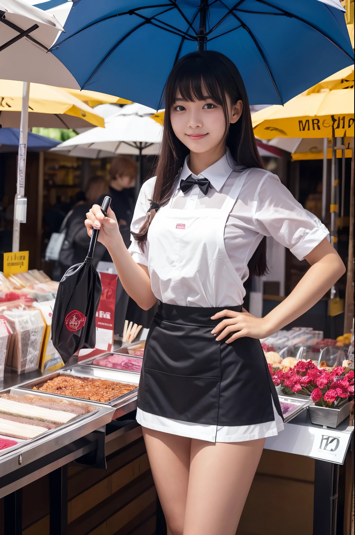 A 20-year-old girl selling umbrellas with umbrellas lined up（Wearing a miniskirt and apron）