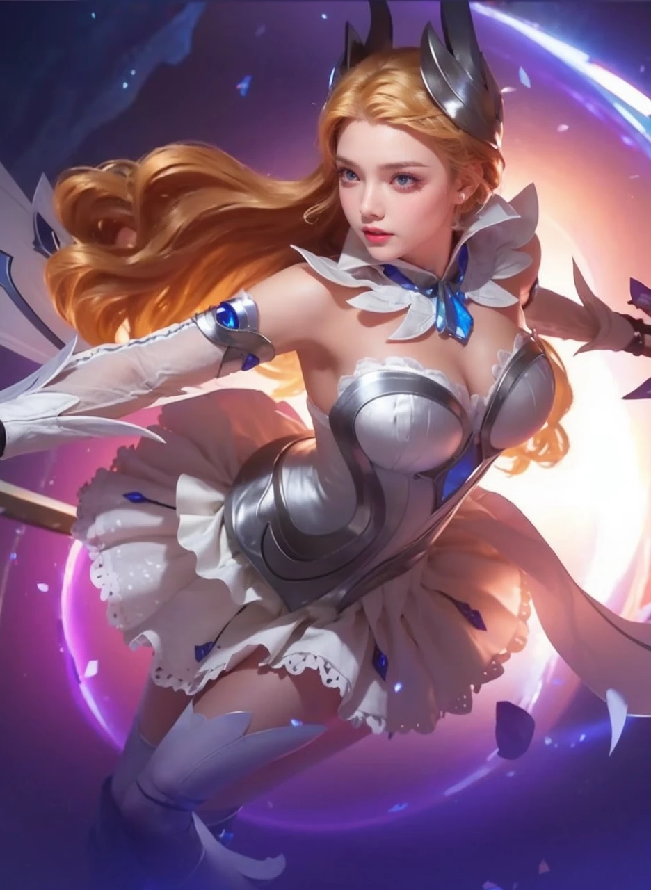 Woman with ,golden curly hair,Blue eyes,white fox ears,in a shirt, skirt and stockings
