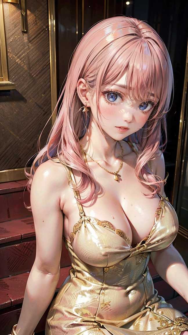 (Masterpiece, BestQuality:1.3), (ultra detailed:1.2), (hyperrealistic:1.3), (RAW photo:1.2), High detail RAW color photo, professional photograph, (Photorealistic:1.4), (realistic:1.4), (Pink Hair:1.5), professional lighting, perfect anatomy, (Big Breasts:1.2), (blush, detailed face), (cheerful Smile:1.5), Trending Hair&Trending Hairカラーをランダムに, earrings, necklace, bracelet, sexly, erotic sexly, Random sexy gravure poses, (Sexy beauty in a gold dress、Entrance of a luxury hotel、Elegant look、Long Straight Hair、Sitting on the stairs pose。:1.3)