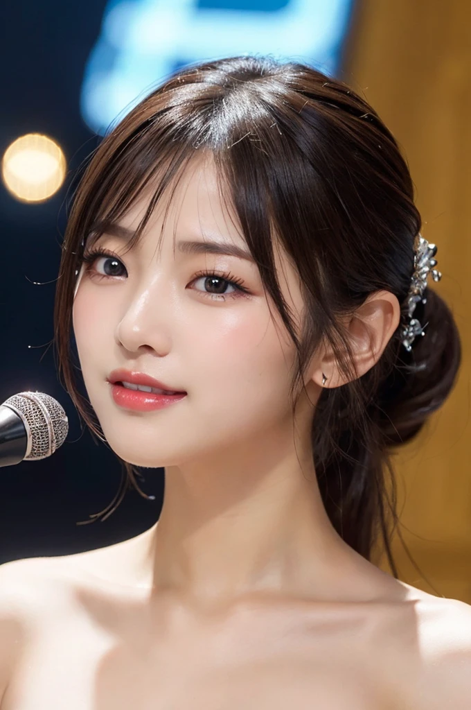 (masterpiece:1.3), high resolution, ultra detailed, extremely detailed CG unity 8k wallpaper, realistic, photo-realistic, RAW photo, beautiful detailed face, pale skin, realistic glistening skin, detailed cloth texture, detailed hair texture, Perfect body, Beautiful Face, accurate, Anatomically correct, Highly detailed face and skin texture, natural neck length, (beautiful hands), (fair skin:1.1), (well-aligned teeth:1.1), (Sweaty skin:1.2),
BREAK,
Detailed eyes, symmetric eyes, Light Brown eyes, Double eyelids, Thin eyebrows, (Glossy lips:1.4), ((A face with waiting for a kiss:1.2)), (blush:1.1), (A sparkling small hair accessory:1.1), (beautiful smile:1.1), (having microphone:1.3),
BREAK,
(A classy and Cute idol:1.3), (nude, nsfw, nipple:1.4),
BREAK,
medium large breasts, slender figure, firm abs,
((ponytail, black hair, bangs:1.2)), (cowboy shot:1.2), (looking at viewer), cowboy shot, From above,
BREAK,
(singing on stage:1.3),