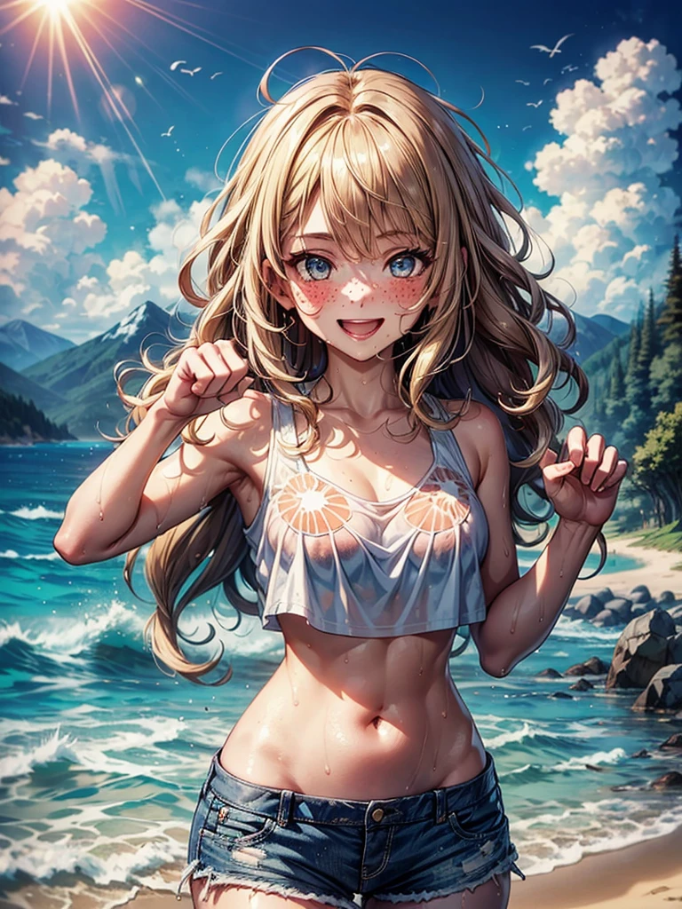(best quality, masterpiece), 1girl, upper body, paw pose, smile, laughing, happy, ocean, crop top, shorts, blonde, freckles, blush, looking at viewer, wavy hair, long hair, cloud, splashing, waves, sun, mountain, wet
, sultry look, seductive,