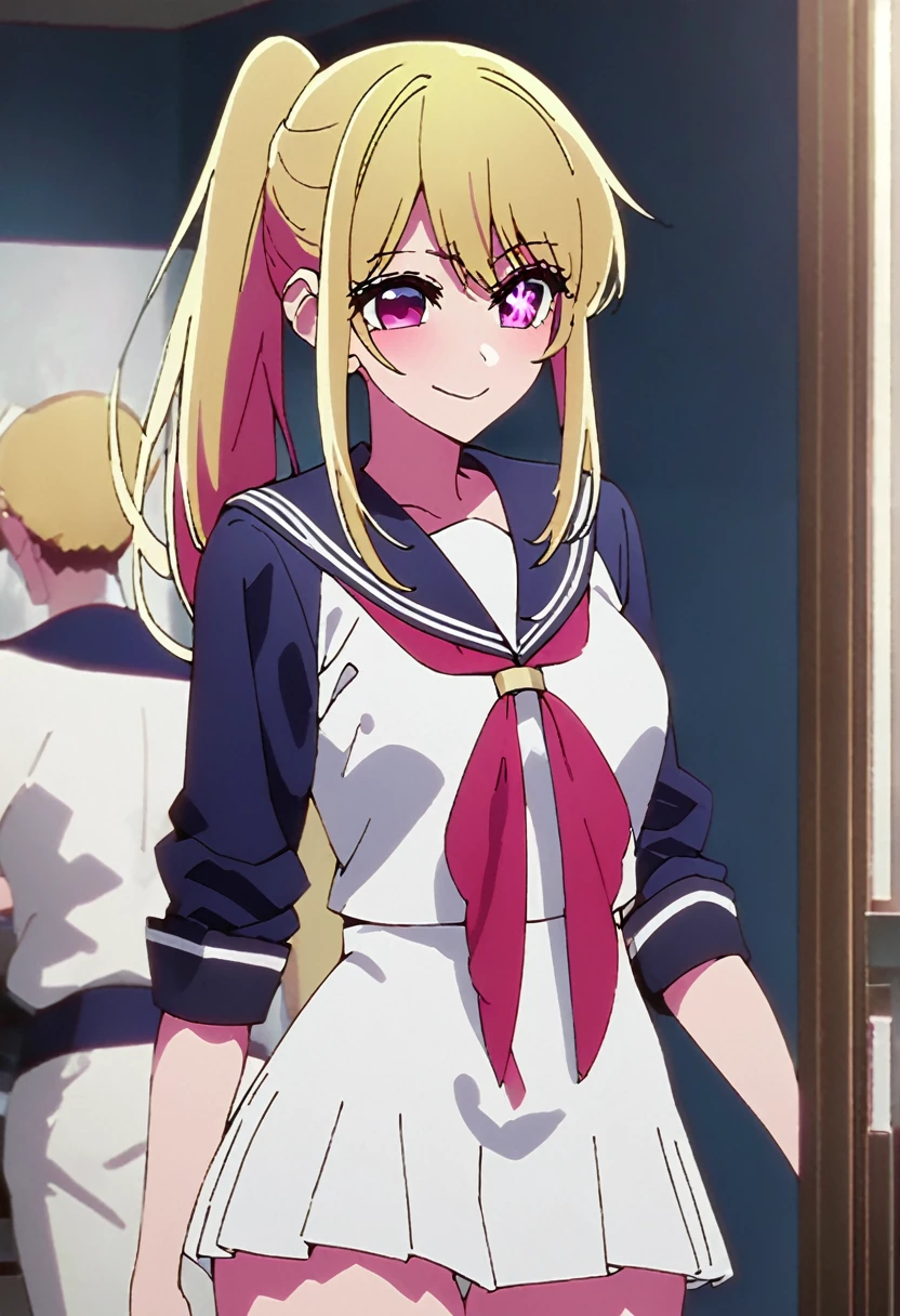 Blonde、Sailor Moon、Highest quality、high resolution、8K,Highest quality、Star-shaped pupil、The best smile、long hair、Pink Eyes、ponytail、Cowboy Shot、One person