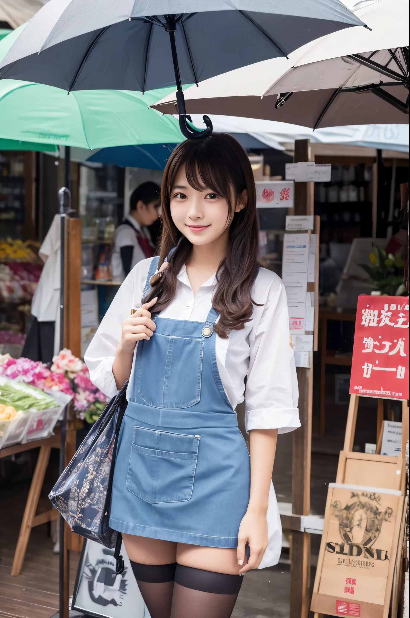 A 20-year-old girl selling umbrellas with umbrellas lined up(Wearing a miniskirt and apron)