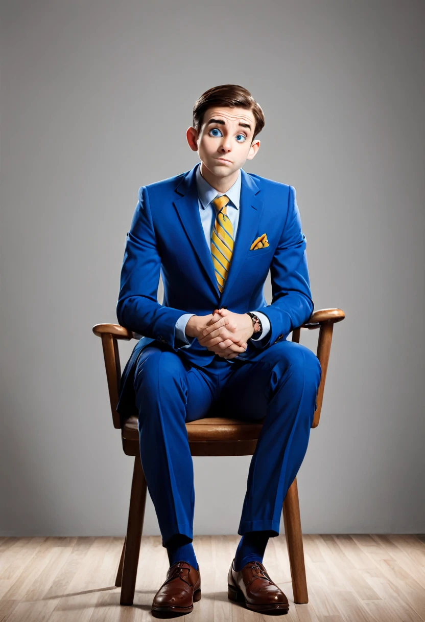 a guy named "Pinocchio", office worker, new sales person, upset, extended nose, in blue suit, sitting on chair, scratching his head