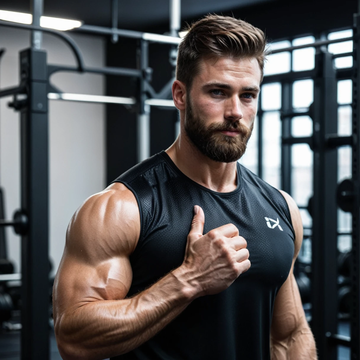 RAW-Foto, Close up full body portrait of handsome man with beard in black sportswear, he shows his muscles in a bodybuilding pose, he is standing in a bright gym, detailed face, blue eyes, (highly detailed skin:1.2), 8K  UHD, dslr, soft lighting, good quality, film grain, Fujifilm XT3 speckled light on the face, pale skin, Hautporen, oiled, shiny skin, skin blemishes, impure skin, complicated skin details, visible skin detail, detailed skin structure, Blush, folds, Vitiligo spots, moles, Blackheads, Blackheads, white pimples, red pimples, Schönheitsfleck, Hautflaum, [[[[[freckles]]]]] (perfect eyes), ((perfect hands with four fingers and one thumb each))