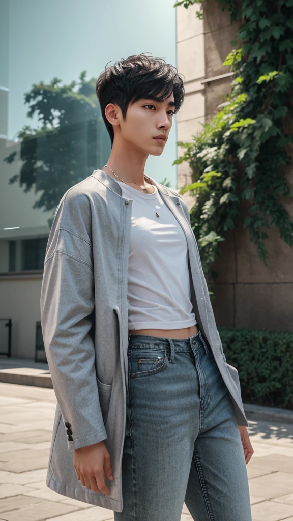 A cool college student, (mascle), ((fade hair style)), wear gray coat, Plain white t-shirt, black jeans ,((greenery background)),(anime styling), (Cinematic lighting), (ray tracing), ((reflection light)), atmosphric perspective, master part, precise, ((best quality)), high qualiy, super detaill, High details, anatomically correcte, Cao Cao, 1080P,without glasses