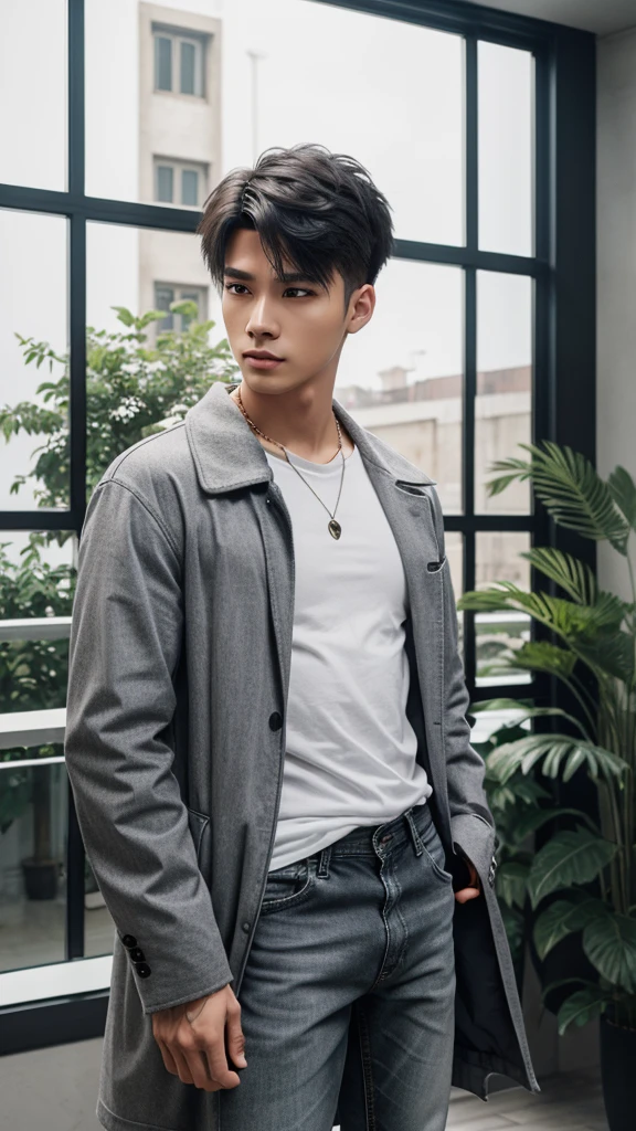 A cool college student, (mascle), ((fade hair style)), wear gray coat, Plain white t-shirt, black jeans ,((greenery background)),(anime styling), (Cinematic lighting), (ray tracing), ((reflection light)), atmosphric perspective, master part, precise, ((best quality)), high qualiy, super detaill, High details, anatomically correcte, Cao Cao, 1080P,without glasses