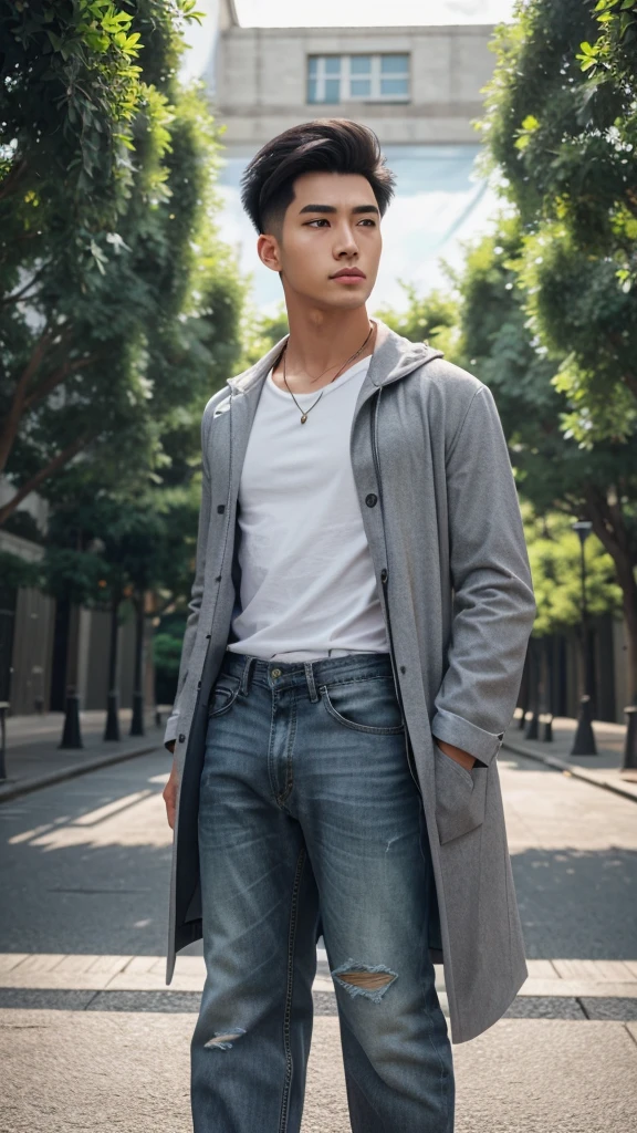 A cool college student, (mascle), ((fade hair style)), wear gray coat, Plain white t-shirt, black jeans ,((greenery background)),(anime styling), (Cinematic lighting), (ray tracing), ((reflection light)), atmosphric perspective, master part, precise, ((best quality)), high qualiy, super detaill, High details, anatomically correcte, Cao Cao, 1080P,without glasses