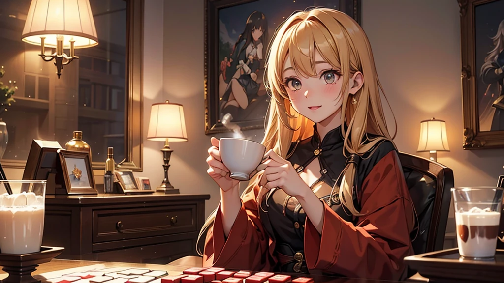 sexy, erotic, a hyper-realistic anime-style girl VTuber with long, flowing hair and large, sparkling eyes is live streaming, sitting at her desk in an exquisitely detailed and cozy room adorned with intricate posters, plush toys, and various decorations. The desk is cluttered with streaming equipment illuminated by vibrant, colorful LED lights, creating a captivating and lively atmosphere. She is wearing an adorable outfit and holding a steaming cup of hot cocoa. The angle changes to an extremely dynamic and unique view, focusing intently on the surface of the hot cocoa, featuring an incredibly detailed and charming cute girl design as latte art, without a saucer. Her hand and part of her face are visible as she joyfully introduces the hot cocoa to her viewers. Elements of her live streaming setup, including a microphone, camera, and chat screen, are prominently displayed on the desk, alongside scattered mahjong tiles and a monitor showcasing an intense mahjong game stream. The background is rich with meticulously crafted items, enhancing the cozy and mysterious ambiance. The warm, inviting room light and vibrant LED lights provide a stunning contrast, creating a perfect balance of brightness and shadow. Every detail is rendered with the highest level of precision and clarity, showcasing the warmth of the scene and the allure of the hot cocoa with cute girl latte art, while emphasizing the thrilling mahjong game stream in the most breathtaking quality imaginable. The VTuber's enthusiasm and love for both hot cocoa and mahjong are vividly depicted, making her personality shine through in this extraordinary masterpiece. Enhance the overall resolution and detail to the highest possible level for a strikingly detailed and vibrant image.