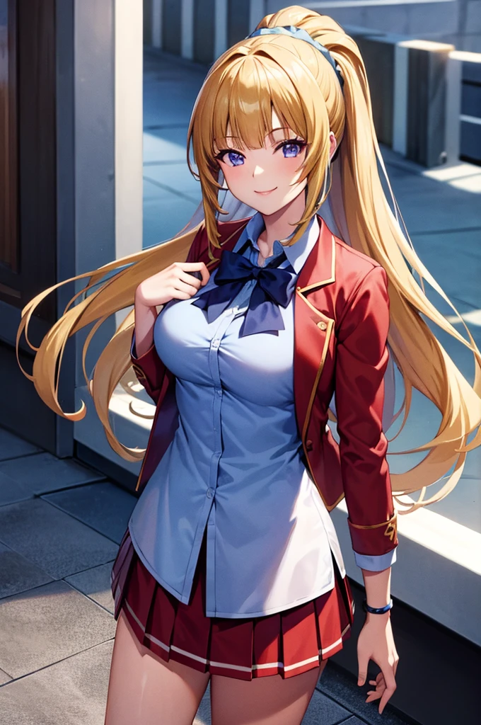 (8k, best quality, masterpiece,ultra detailed, ultra high res:1.2), anime keyvisual, 
1girl,
Kei Karuizawa, 
BREAK long hair, ponytail, 
yellow hair, 
purple eyes, 
blue bow, hair scrunchie, 
medium breasts, 
BREAK unbutton red blazer, long sleeves, (blue blouse:1.1), pleated white skirt, 
looking at viewer, (smile:1.5), 
cowboy shot, 
outdoors, school building, 