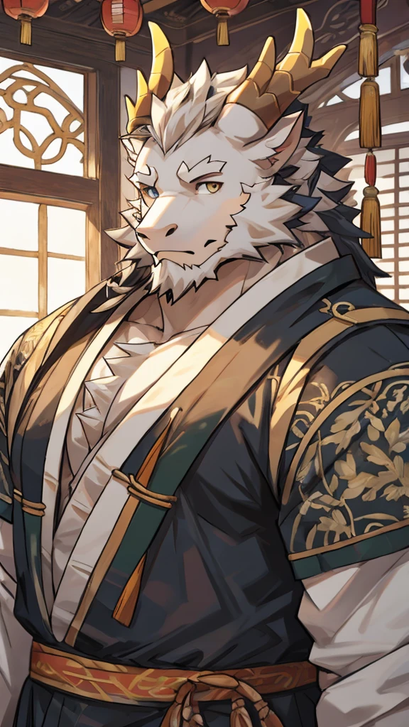 (white eastern dragon),furry,white mustache,big pecs,hearty males,muscular,black imperial robe,adult,traditional_chinese_room,head portrait