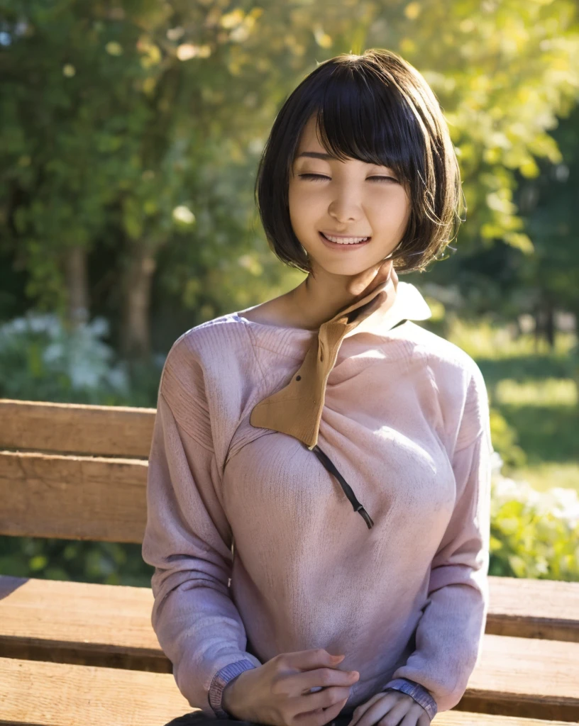 Purelos Face_v1:0.3, Highest quality, Realistic, 8K, High resolution, Full Color, One girl, woman, 20 years old woman, (Mouth closed:1.2), (Skin Dentition), (Portraiture:0.6), wood, Park bench, Dawn, ((Park Background:1.52)), Full Color, ((Neck sweatshirt:1.68)), Look directly at the viewer:1.8, (One girl eyes looking at viewer:1.55), (short hair, Black Hair, Parted hair:1.45), (Bokeh), 