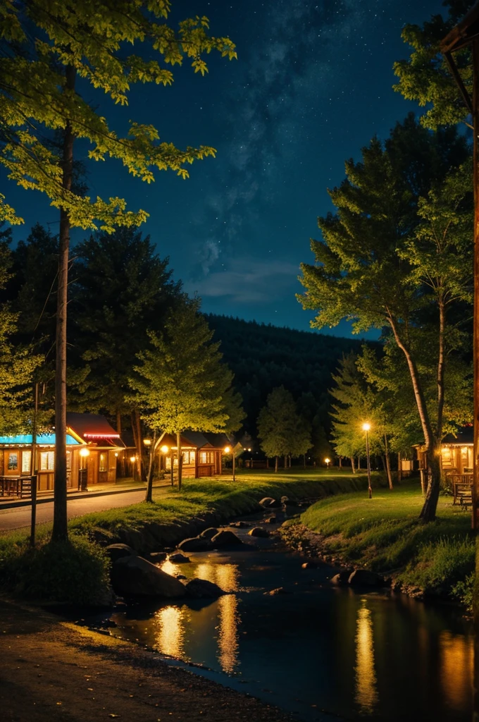 A small town near a forest at a summer night