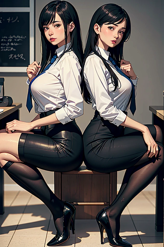((highest quality)), ((masterpiece)), (be familiar with), (High definition), (Real), 8K, Best Shadow, Side lighting, Cinematic、Low contrast、(Complex:1.4)、((Two office ladies standing side by side in a half-squat position))、((Sticking out her butt))、milf, business suit、(One is wearing a pencil skirt、stockings)、(One is wearing a pantsuit)、(Close-up of two people's buttocks:1.5)、((Back view))、Secretly taken photos、View looking up from the ground behind、(Bright office reception room)