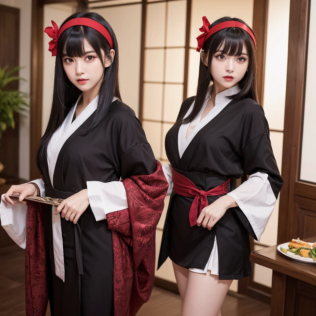 Urzan-6500-v1.1, (RAW Photos:1.2), (Photorealistic), (Genuine:1.4), (Pieces fly), Elegant woman with a perfect figure: 1.3, Jet Black Hair、((Straight bob hair with neatly trimmed ends、bangs、Red Hairband))、(She is wearing a deep purple furisode with an elegant pattern..)、Standing with the fan closed、Majestic Hall々, (A look full of murderous intent:1.2)、 Highly detailed face and skin, Beautiful Eyes, double eyelid, Full Body Shot:1.2、Wearing short boots、