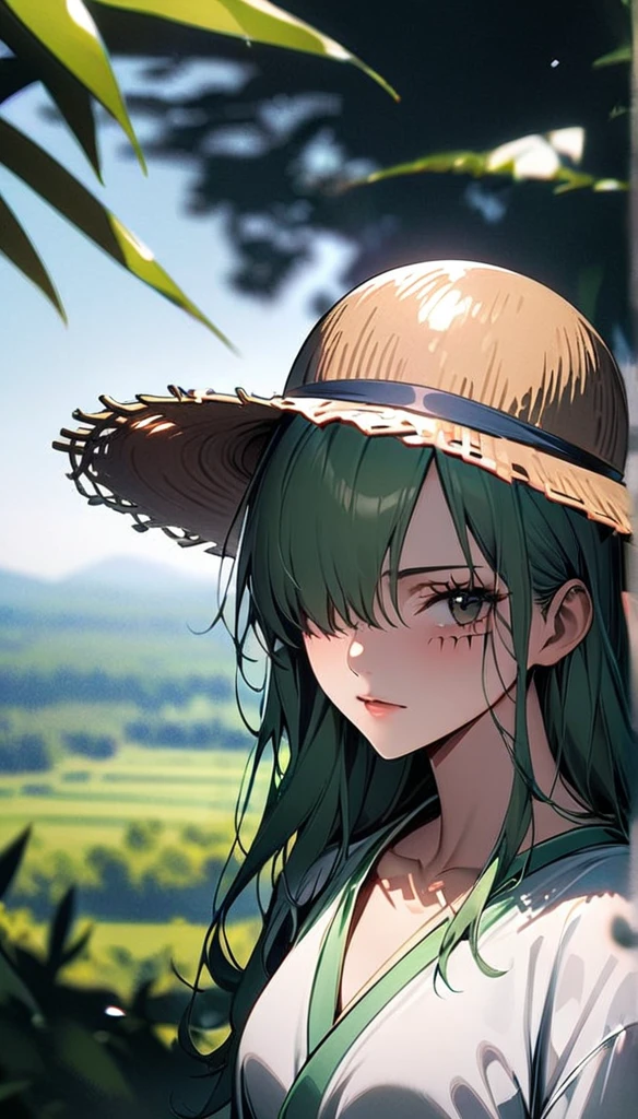 masterpiece, best quality), intricate details, 1 girl, woman, green hair, zoro \ (one piece\), scar on face, (long hair), shirt, white shirt, female focus, clothes, green colour kimono, nature, scenery, upper body, straw hat, ((front view)) ((close up shot)) ((solo)) ((hair over one eye)) detailed, very high resolution, no blurry image