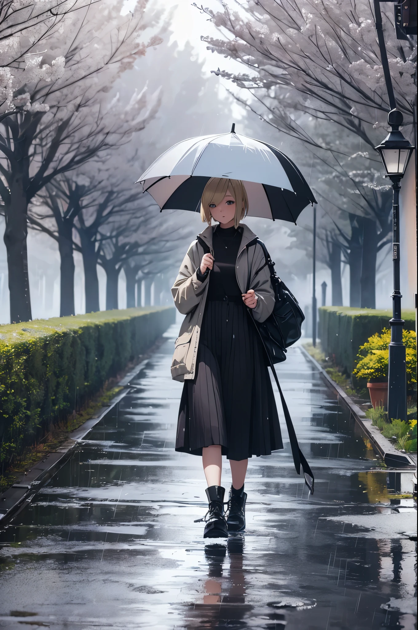 ((20-year-old woman,Blonde short bob hair,She is walking through an huge park in the Uneasy atmosphere world)),there is nobody in the park,((the sky in the clouds,inside the monochrome world,the atmosphere in the rain)),There are faceless monsters in the park,Uneasy atmosphere.