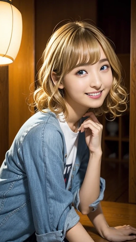 Studio Light, Written boundary depth, Upper Body, thin, cute顔, smile, Beautiful details in the eyes, 19 year old Japanese, cute, Voluminous curls and warm blonde color, Plaza, casual
