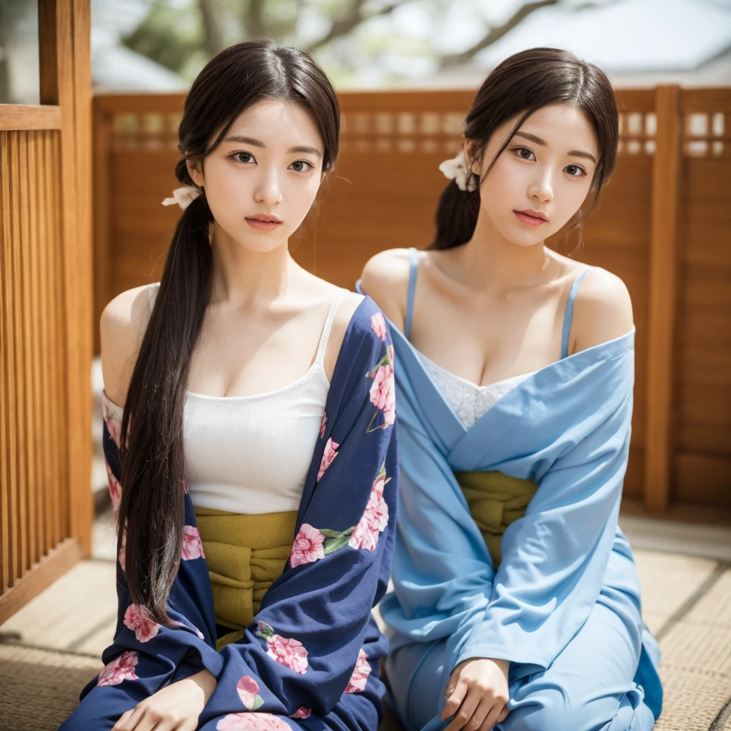 Urzan-6500-v1.1, (RAW Photos:1.2), (Realistic), (Genuine:1.4), (masterpiece), there is a woman In kimono Sitting on the floor, In kimono, Bare shoulders、clavicle、Mature Woman, wear Kimono, beast, Flower Hair Ornaments, yukata, In kimono, Japanese style, wearing a haori, mitsumayo, Hair tied up、