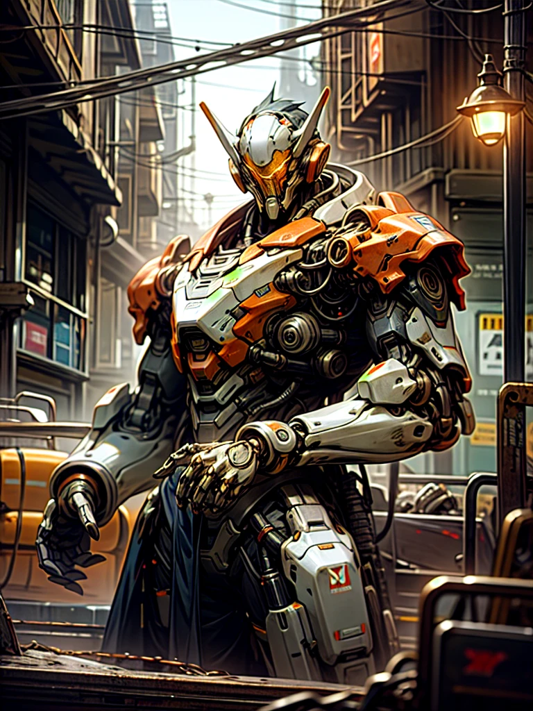 Dark_Fantasy,Cyberpunk,(chain saw,chain saw man,Red:1.1),1man,Mechanical marvel,Robotic presence,Cybernetic guardian, wearing a worn-out mech suit, intricate, (steel metal [rusty]), elegant, clear focus, shot by greg rutkowski, soft lighting, vibrant colors, masterpiece, ((street)), cowboy shot, dynamic pose,
