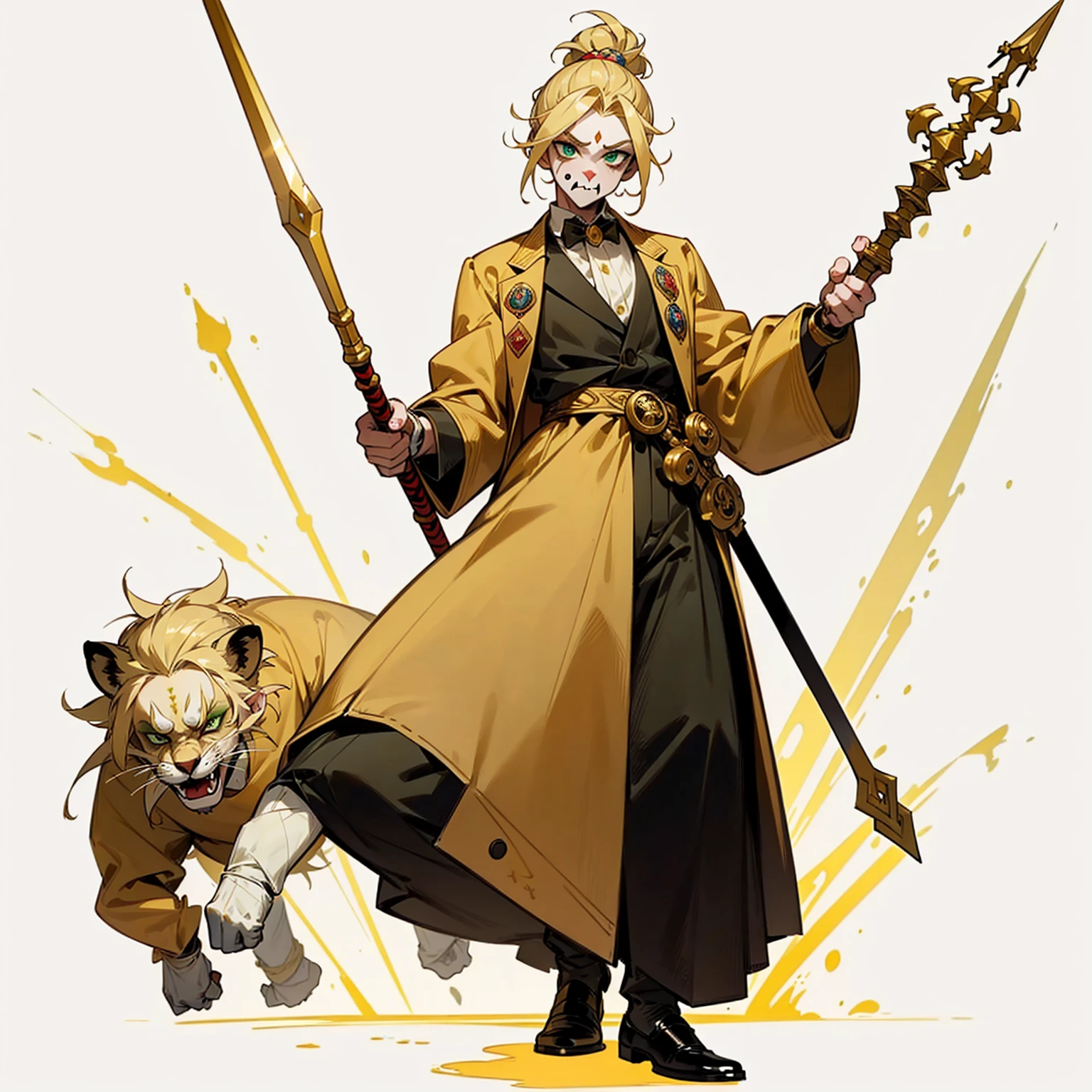 Random evolution, circuit clown, mascot, goblin man, (full body version), (1Man), (Clown make up on face), green eyes, blonde colour hair, man bun hairstyle, ((golden spear weapon in hand)), (There are 2 large lions on the left and right), Grassroots 