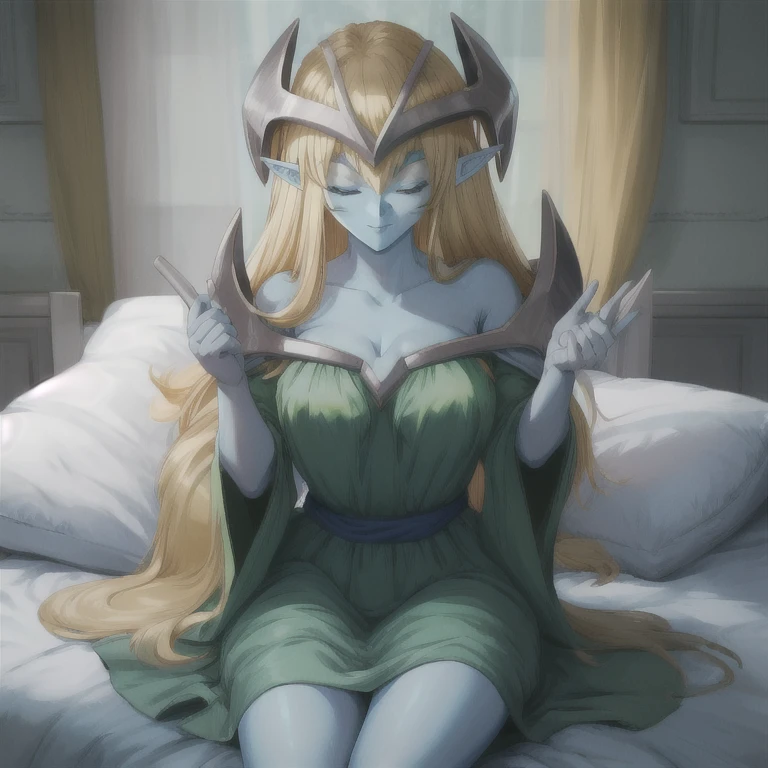 mysticalygo, mystical elf, smile, friendly look, medium breasts, eyes closed, green dress, long skirt, blue skin, blonde hair, long hair, Yugioh, bed, sitting, room