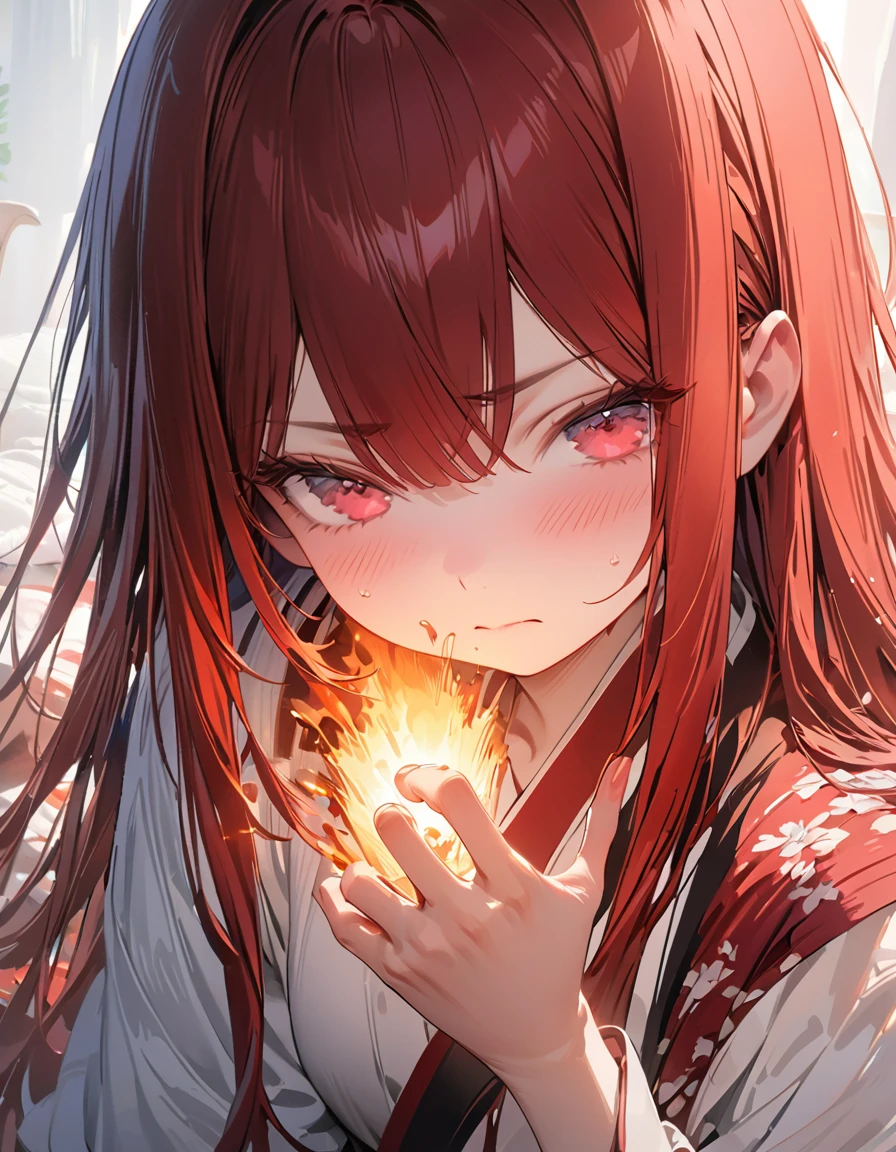 Embarrassed(Masseter muscle area, high quality, Mysterious, Beautiful and beautiful, Ideal body proportions, Official image art, Impressionism), (Ultra-high resolution, 8k RAW photos, Photorealistic, Natural light, Textile Shading),Perfect Fingers