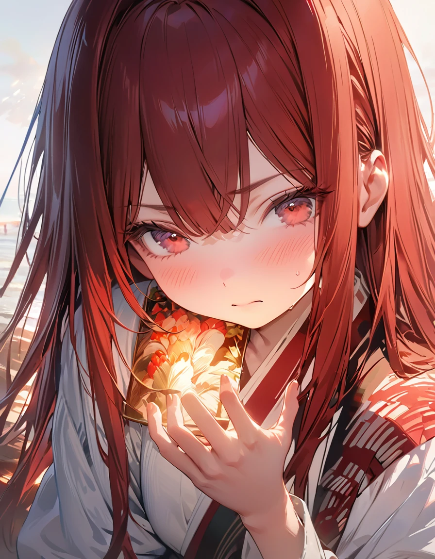 Embarrassed(Masseter muscle area, high quality, Mysterious, Beautiful and beautiful, Ideal body proportions, Official image art, Impressionism), (Ultra-high resolution, 8k RAW photos, Photorealistic, Natural light, Textile Shading),Perfect Fingers