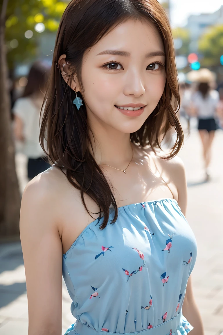 (1girl), (20yo), (she is neat university student), 
BREAK 
(hairstyle : half-up-do), (hair accessory : Large barrette):1.2,
(happy smile:1.2), 
((medium large breasts:1.3)), (Accentuated breasts:1.2, film breasts, nicely shaped breasts:1.1, perfect body), 
BREAK 
(elegant summer fashion(sleeveless blouse(color : white), (Decoration : Frills), bare-shoulders, strapless, bare-top), 
BREAK (long skirt((color : very light blue), (pattern : elegant print), small shoulder-bag)), 
(walking together with reaching out in (seaside street | park street | city street | Ameyoko Shopping Street)) in Japan)), 
BREAK 
((Please create a photo that conveys her happily expression and the sense of realism at the happily moment she is walking together:1.3)),
BREAK 
(faded photo:1.3), (film grain:1.3), depth of field, (bokeh:1.1), (light and shadow:1.4),
((Face close-up:1.7)), (from side + from next to her), ((Focus on her:1.2)), 