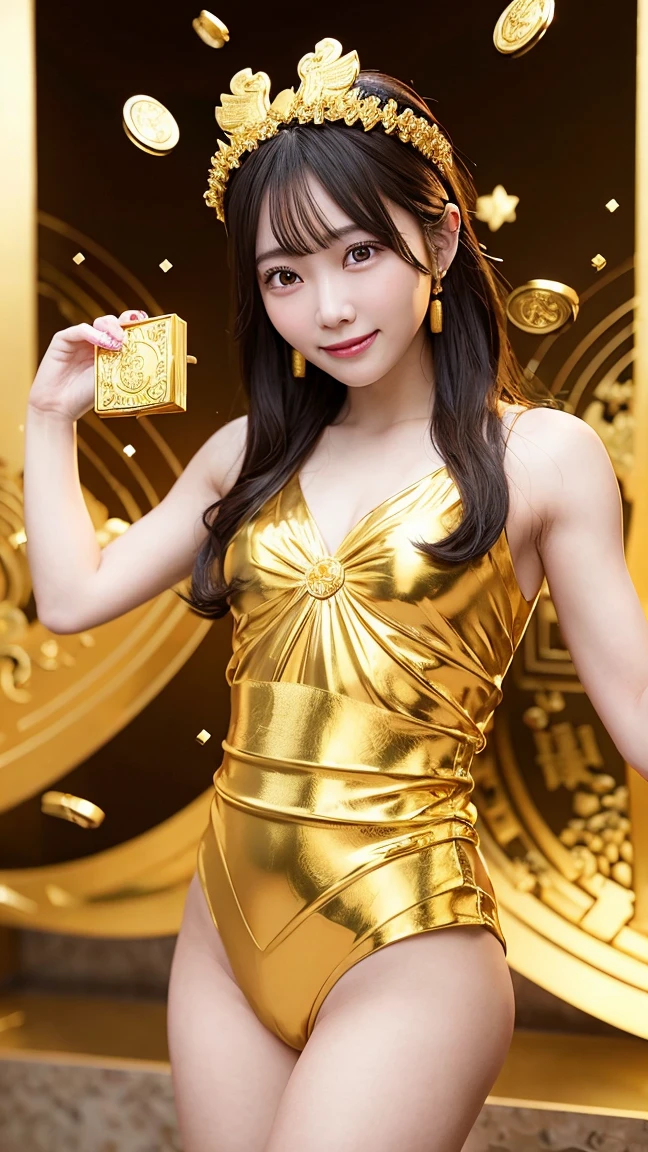 Chinese God of Wealth, holding gold coins,standing on the ground full of gold coins, gold coins flying in the air, happy smile on her face, Chinese style, 3D, octane rendering, simple background,full-length portrait, movie lighting, volume light, soft and advanced colors, Pixar style, Bubble Mart, 3D, C4D, blender, chibi, dri