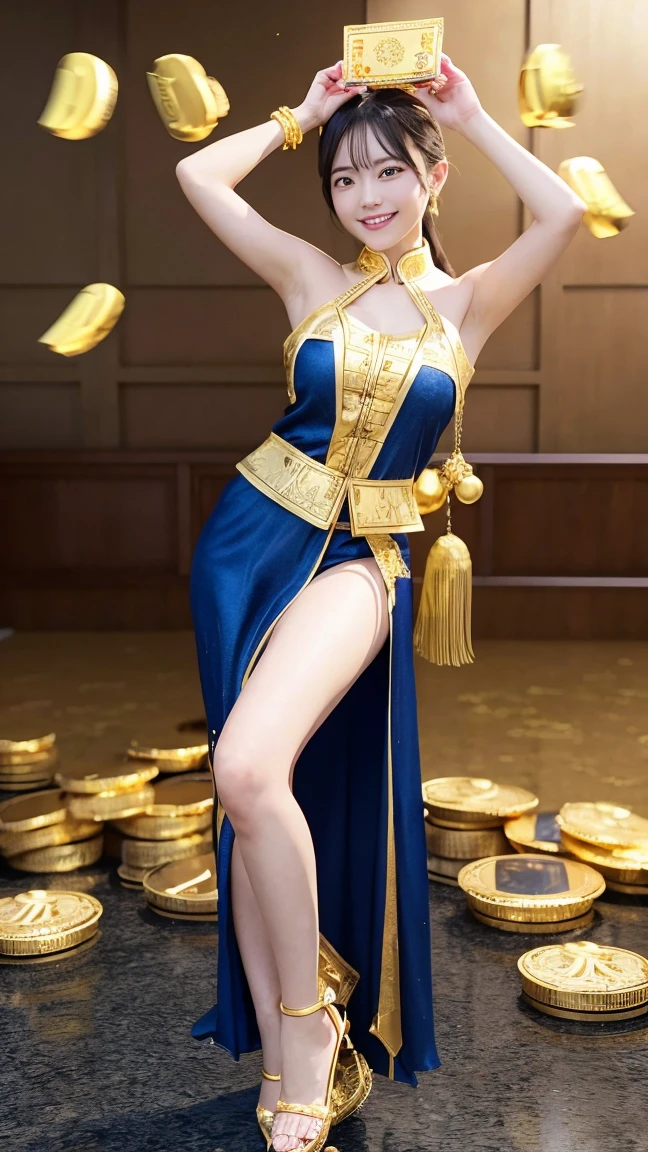 Chinese God of Wealth, holding gold coins,standing on the ground full of gold coins, gold coins flying in the air, happy smile on her face, Chinese style, 3D, octane rendering, simple background,full-length portrait, movie lighting, volume light, soft and advanced colors, Pixar style, Bubble Mart, 3D, C4D, blender, chibi, dri