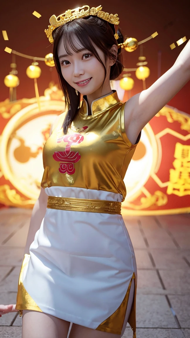Chinese God of Wealth, holding gold coins,standing on the ground full of gold coins, gold coins flying in the air, happy smile on her face, Chinese style, 3D, octane rendering, simple background,full-length portrait, movie lighting, volume light, soft and advanced colors, Pixar style, Bubble Mart, 3D, C4D, blender, chibi, dri