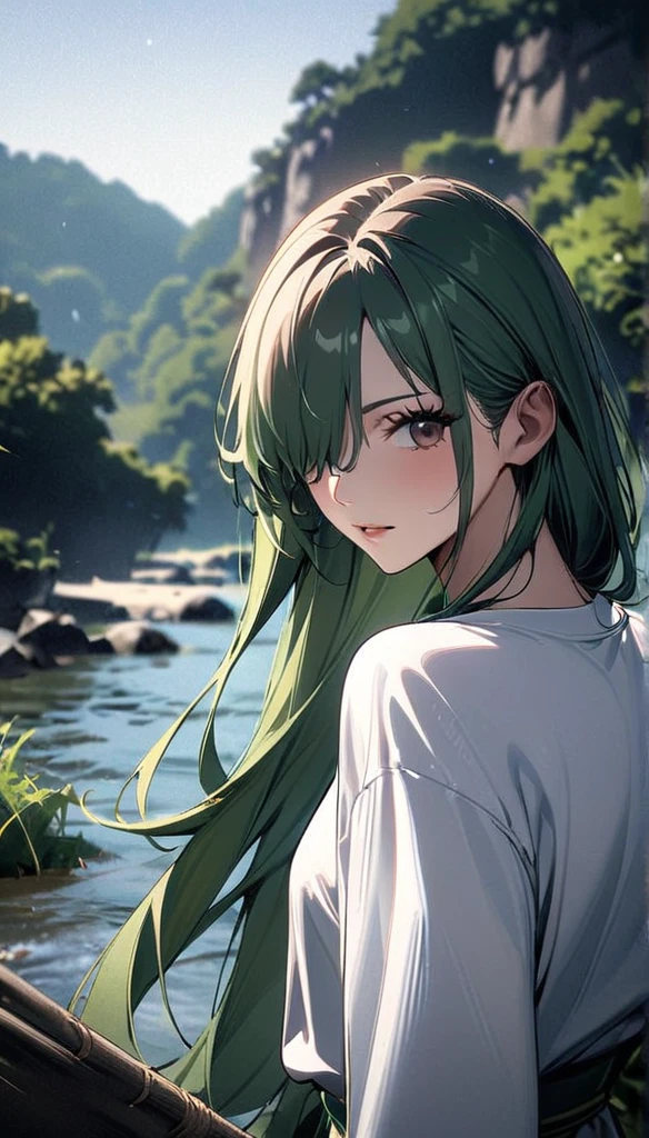 masterpiece, best quality), intricate details, 1 girl, woman, green hair, zoro \ (one piece\), (long hair), shirt, white shirt, female focus, clothes, green colour kimono, nature, scenery, upper body, straw hat, ((front view)) ((close up shot)) ((solo)) ((hair over one eye)) detailed, very high resolution, no blurry image, full body