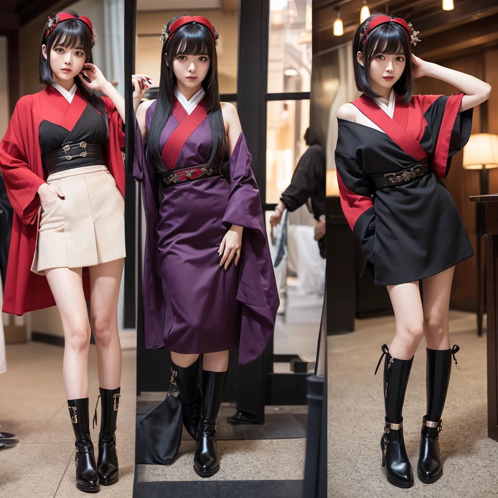 Urzan-6500-v1.1,  (RAW Photos:1.2), (Photorealistic), (Genuine:1.4), (Pieces fly), Elegant woman with a perfect figure: 1.3, Jet Black Hair、((Straight bob hair with neatly trimmed ends、bangs、Red Hairband))、(She is wearing a deep purple furisode with an elegant pattern..)、Standing with the fan closed、Majestic Hall々, (A look full of murderous intent:1.2)、 Highly detailed face and skin, Beautiful Eyes, double eyelid,  Full Body Shot:1.2、Wearing short boots、1 person、