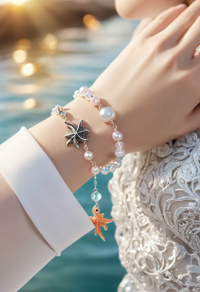 A shiny silver bracelet, on the wrist, (marine-themed charms:1.5), pearls, transparent colorful beads, delicate thin chain, (best quality, 4k, 8k, highres, masterpiece:1.2), ultra-detailed, (realistic, photorealistic, photo-realistic:1.37), intricate jewelry design, exquisite craftsmanship, shimmering metallic, ocean-inspired, iridescent pearls, vibrant hues, delicate filigree, elegant accessory, feminine aesthetics, close-up, detailed texture, soft focus, warm lighting