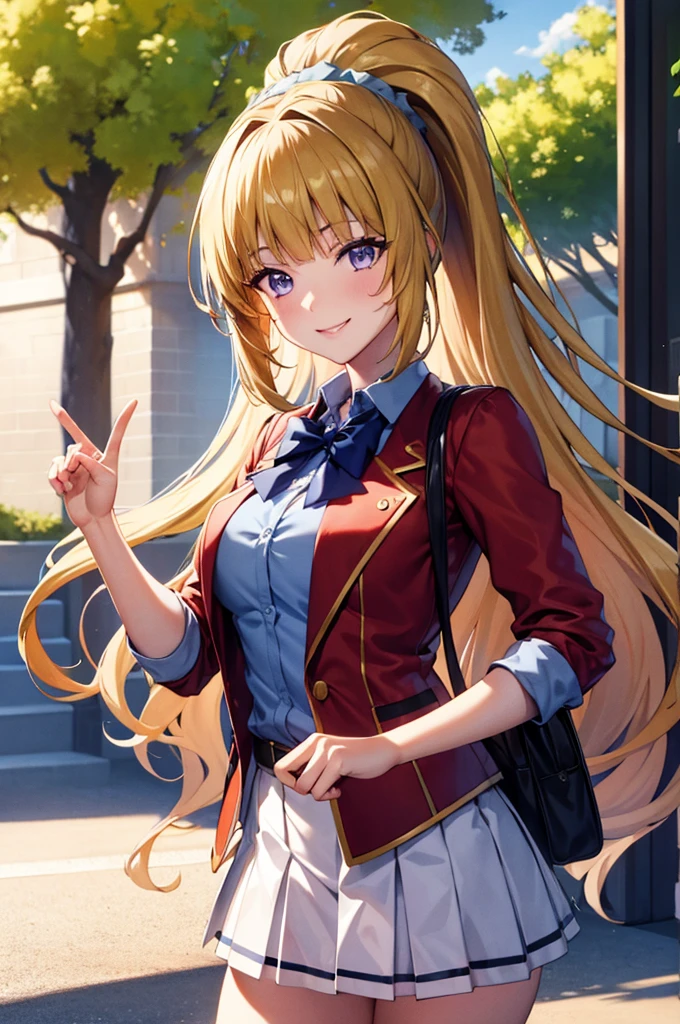 (8k, best quality, masterpiece,ultra detailed, ultra high res:1.2), anime keyvisual, 
1girl,
Kei Karuizawa, 
BREAK long hair, ponytail, 
yellow hair, 
purple eyes, 
blue bow, hair scrunchie, 
[medium breasts], 
BREAK unbutton red blazer, (blue blouse:1.1), pleated white skirt, 
looking at viewer, (smile:1.2), 
cowboy shot, 
outdoors, school building, 