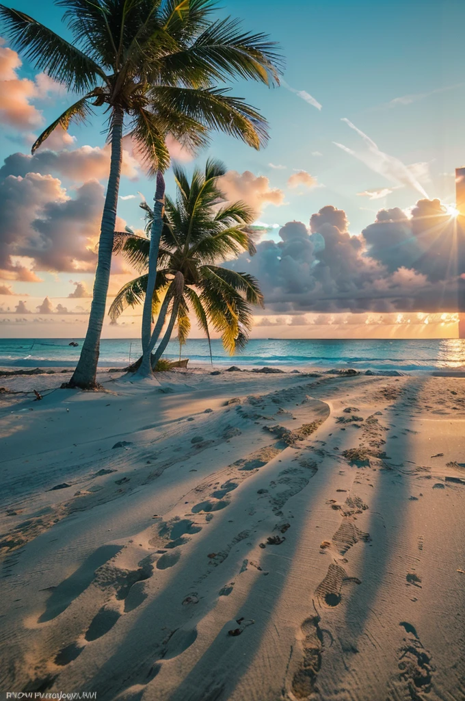 ,Beautiful tropical paradise beach, Clear turquoise waters, White Sand Beach, Palm trees sway in the wind, Vibrant sunset sky, Stunning ocean views, (best quality,4K,8K,high resolution,masterpiece:1.2),Extremely detailed,(Practical,photoPractical,photo-Practical:1.37),Warm tropical colors,Golden Hour Lighting,Composition
