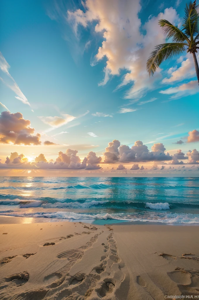 ,Beautiful tropical paradise beach, Clear turquoise waters, White Sand Beach, Palm trees sway in the wind, Vibrant sunset sky, Stunning ocean views, (best quality,4K,8K,high resolution,masterpiece:1.2),Extremely detailed,(Practical,photoPractical,photo-Practical:1.37),Warm tropical colors,Golden Hour Lighting,Composition