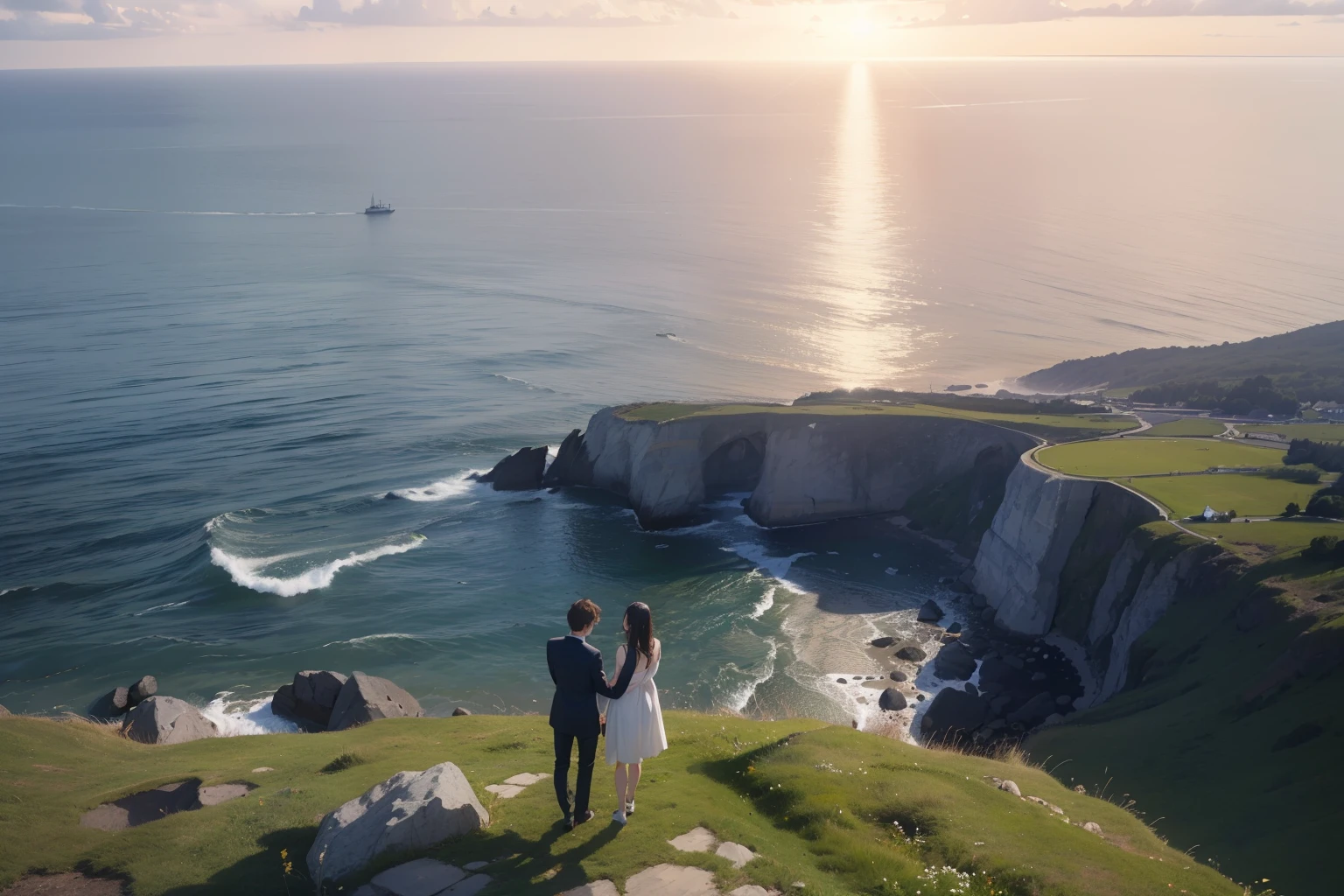 (masterpiece, best quality, high resolution, super detailed:1.4), (photorealistic:1.4), (realistic, photo-realistic:1.4), official art, beautiful and aesthetic,8k UHD,ultra high res, RAW, HDR, A couple is looking at the sea at the cape where the lighthouse stands, The morning sun appears to be shooting arrows of light from the rising horizon. The lapis lazuli earth surrounds the two of us