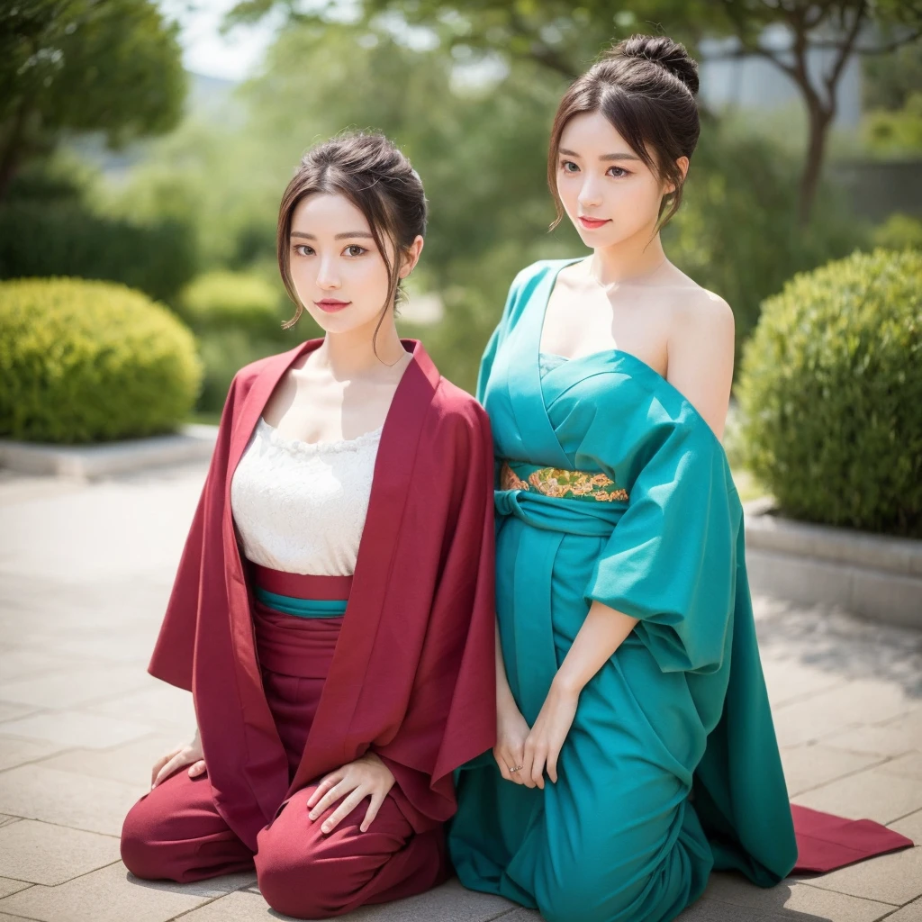 Urzan-6500-v1.1, (RAW Photos:1.2), (Realistic), (Genuine:1.4), (masterpiece), there is a woman In kimono Sitting on the floor, In kimono, Bare shoulders、clavicle、Mature Woman, wear Kimono, beast, Flower Hair Ornaments, yukata, In kimono, Japanese style, wearing a haori, mitsumayo, Hair tied up、1 person、