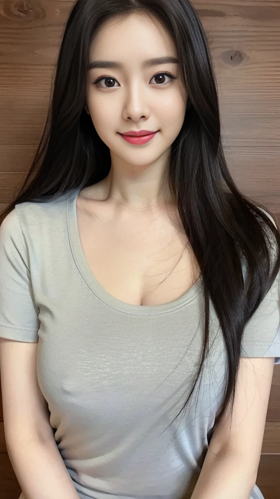 ((best quality, 8K, masterpiece, Clear focus )), 18 years old young Korean girl, ((Dark brown long hair, Huge breasts :1.1)), Slim abdominal muscles :1.2,((Round neck tight short T-shirt，Wearing a T-shirt with chest cutouts :1.6，Cut-out chest top) ), (Wooden wall background :1.2), Highly detailed face and skin textures, Delicate eyes, Double eyelids, Cleavage：0.4，Toothy smile，sweet，cute