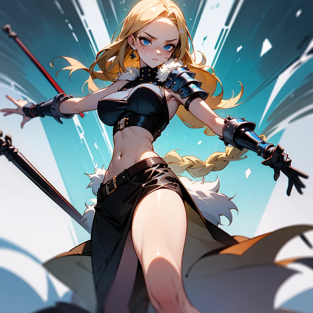 masterpiece, Gorgeous barbarian woman standing and holding a long spear, fearsome appearance, tribal warpaint,in a dense snowy forest, studded leather armor, brown low cut leather bodice, fur skirt, wearing loose fitting belts, very long blonde braids, beautiful, pale skin tone, immense icy blue eyes, dark eye shadow, freckles, athletic body, slender waist, wide hips, very busty, ultra HD,