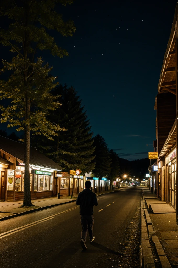 A small town near the forest at night a  walk out happily and runs as fast as he could
