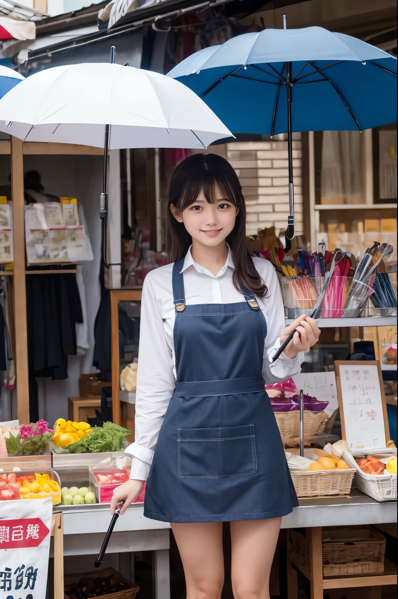 A 20-year-old girl selling umbrellas with umbrellas lined up(Wearing a miniskirt and apron)