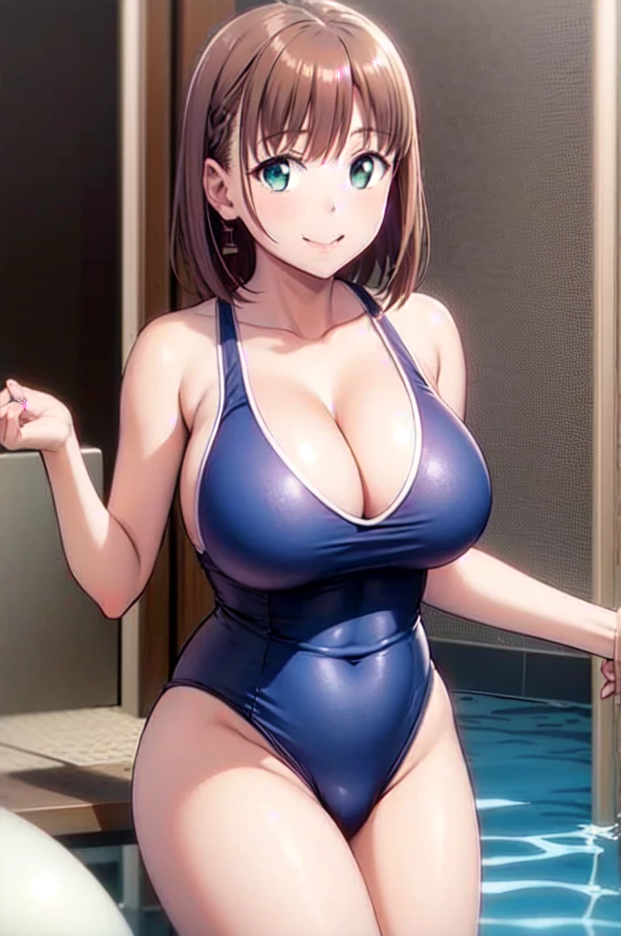 score_9, score_8_up, score_7_up, score_6_up, score_5_up, score_4_up, (masterpiece:1.4)、(highest quality:1.4)、ultra high resolution、beautiful features、30 year old woman、mature female, milf, mother, brown short hair, (huge breasts:1.3)、red face、blush, smile, swimsuit, school_swimsuit, wet, heavy breath, swimming pool,