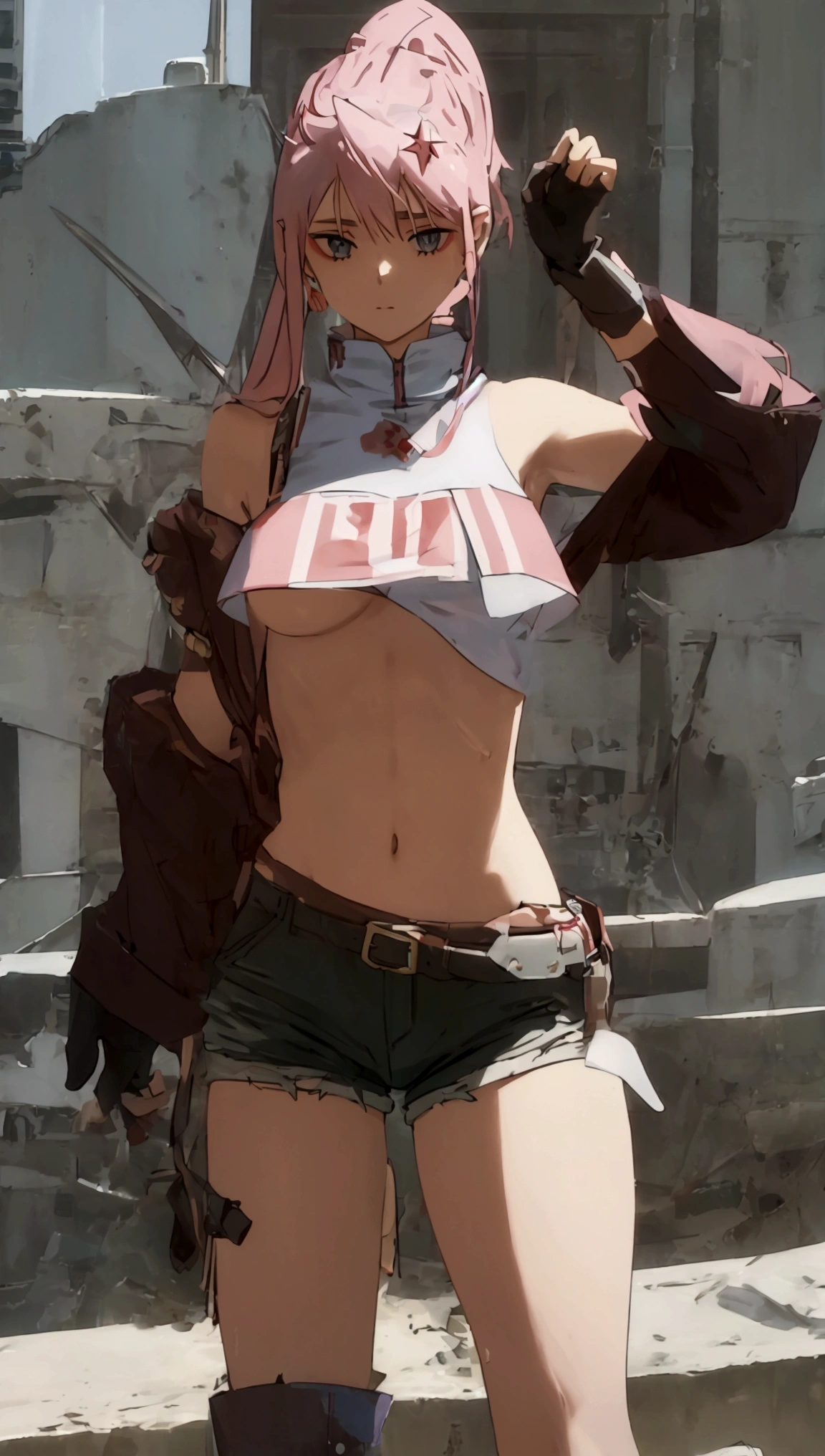 masterpiece、top-quality、hight resolution)、 Real life adaption for this character, Masterpiece, high quality, best lighting, cinematic, 1girl, long hair, pink hair, ponytail, crop top, underboob, cowboy shot, ((mini short pants)), (perfect body), (((big thigh))), looking at viewer, standing, pool