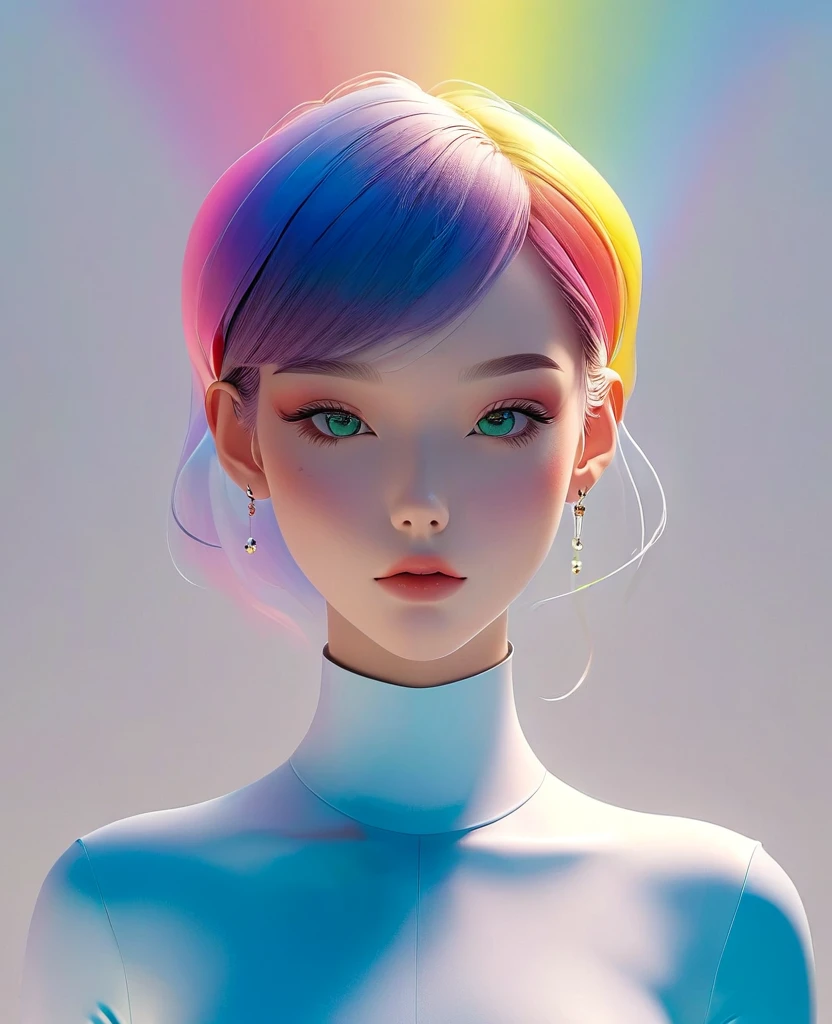Use 3D digital illustration style, girl, Front view, symmetry, The Minimalists, Solid color background, High resolution and ultra high definition, Volumetric Lighting. --ar 3:4--Rainbow 6