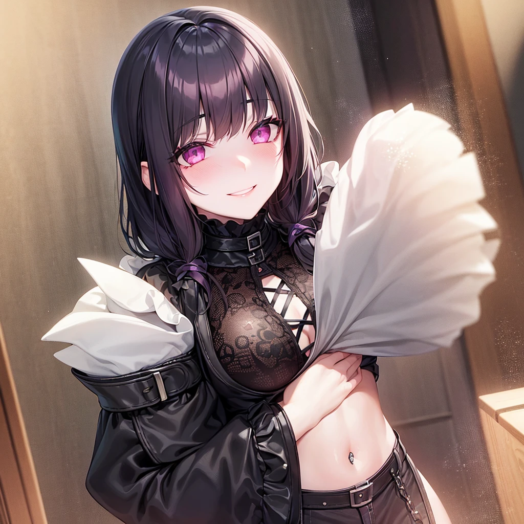 Smiling Goth girl getting fucked (explicit) (pale skin) (blushed) (semen) (choker)